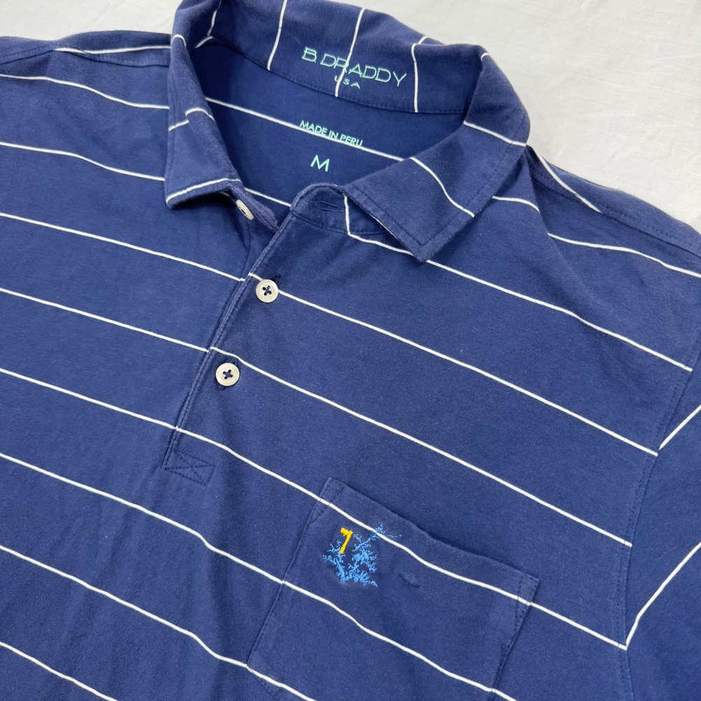 B. Draddy Polo Shirt Men Med Blue Striped Pocket Short Sleeve Breathable Reg Fit